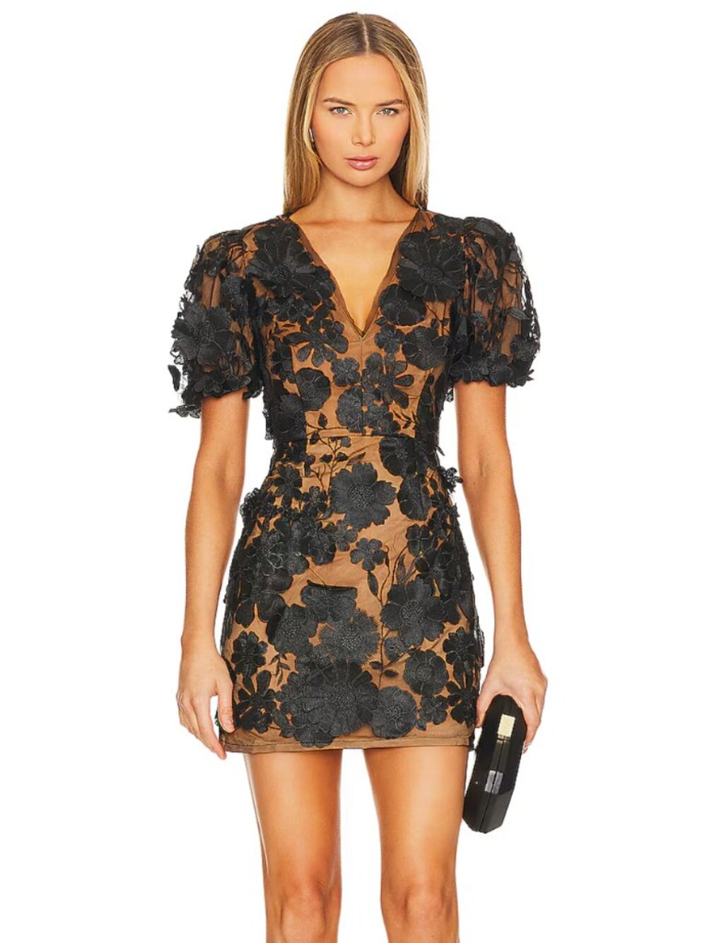 ELLIATT Rosalind Mini Dress in Black Floral Lace Short Puff Sleeve Medium M